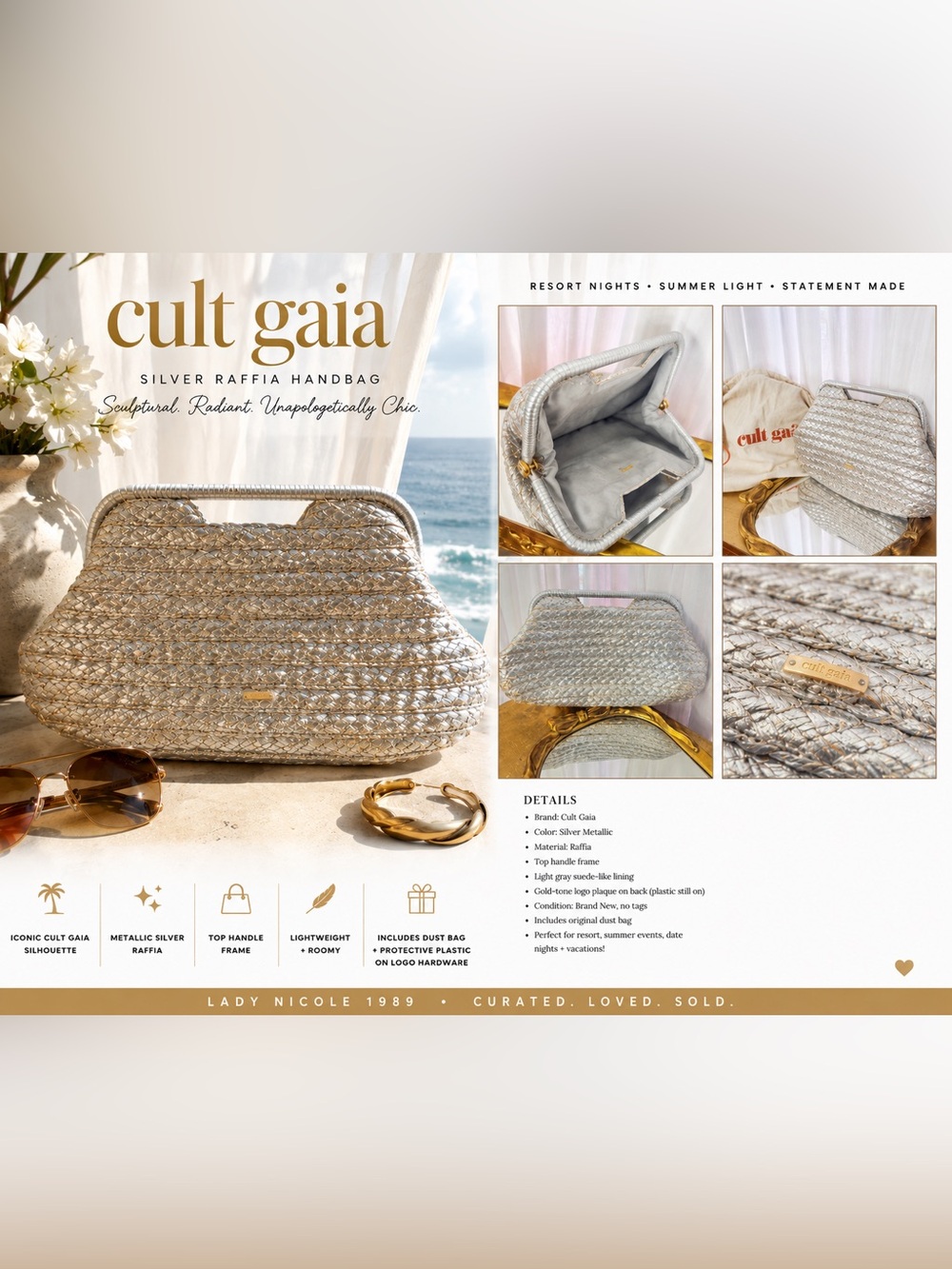 Cult Gaia Silver Metallic Raffia Woven Top Handle Bag NWOT + Dust Bag